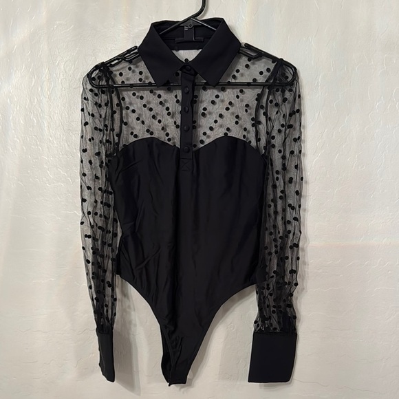 Chic Black Sheer Polka Dot Bodysuit - Picture 1 of 6